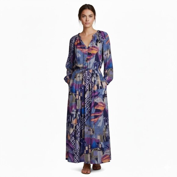 CHUFY Heidi Maxi Dress Violet Blue Print With Pockets Size Small Like New - Picture 1 of 13